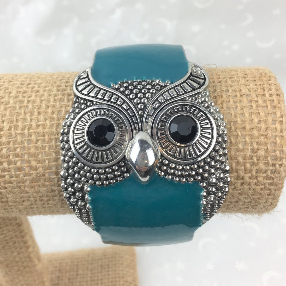Blue Enamel & Silver Owl Cuff Bracelet